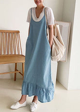 Boutique Blue Ruffled Patchwork Denim Spaghetti Strap Dress